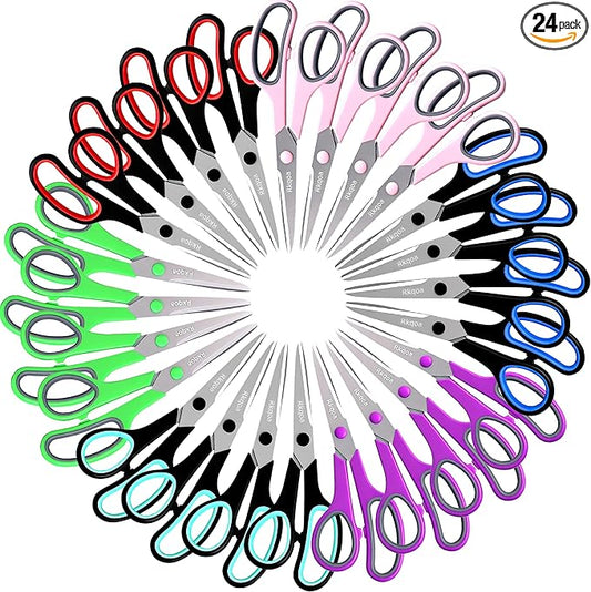 24 Colors Scissors Bulk, Rkqoa 8" All Purpose Scissors Pack - Thick Sharp Shears for Office School Sewing Craft Supplies, Classroom Must have, Teacher/Class Scissor, Right/Left Handles
