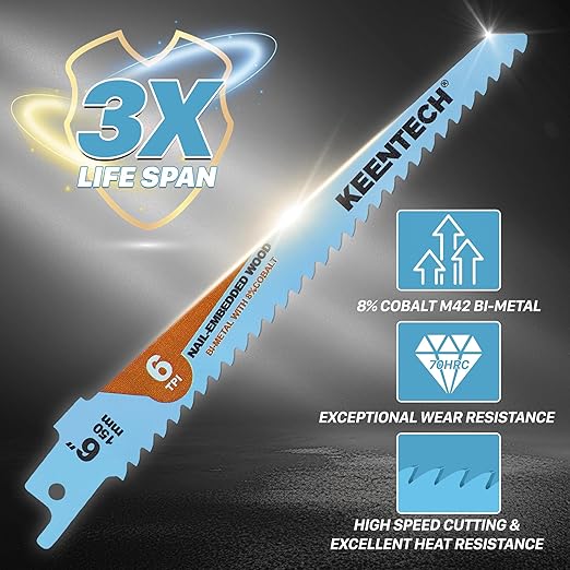 KEENTECH 12 Inch Bi-Metal Reciprocating Saw Blade 5-Pack for Fast Wood Demolition, 6 TPI, Fits Milwaukee Sawzall and Other Reciprocating Saws