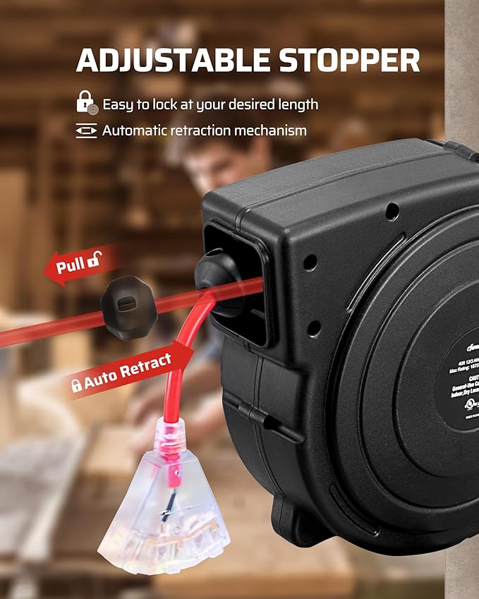 DEWENWILS Retractable Extension Cord Reel, 40 FT Heavy Duty Power Cord, 12/3C SJTOW Retractable Cord Reel, Lighted Triple Tap Outlets, 15A Circuit Breaker, Wall/Ceiling Mount, UL Listed, Red