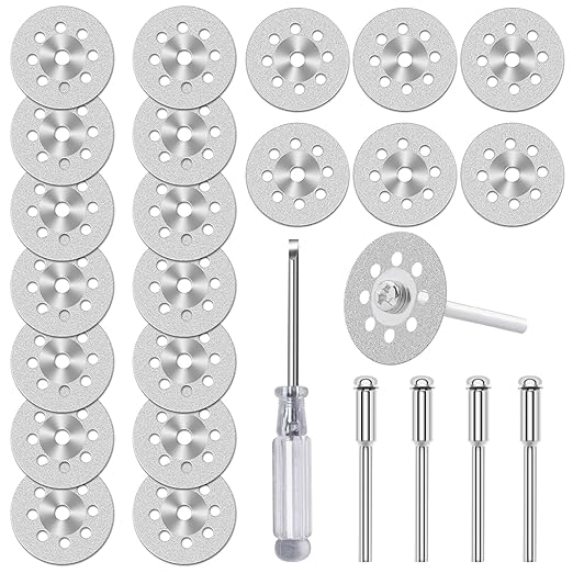 20pcs 545 Diamond Cutting Wheel Cut Off Discs Coated (22mm) for Dremel Rotary Tool with 402 Mandrel (3mm) 4pcs and Screwdriver for Cutting Glass, Stone, Ceramic, Marble, Tile, Plastic