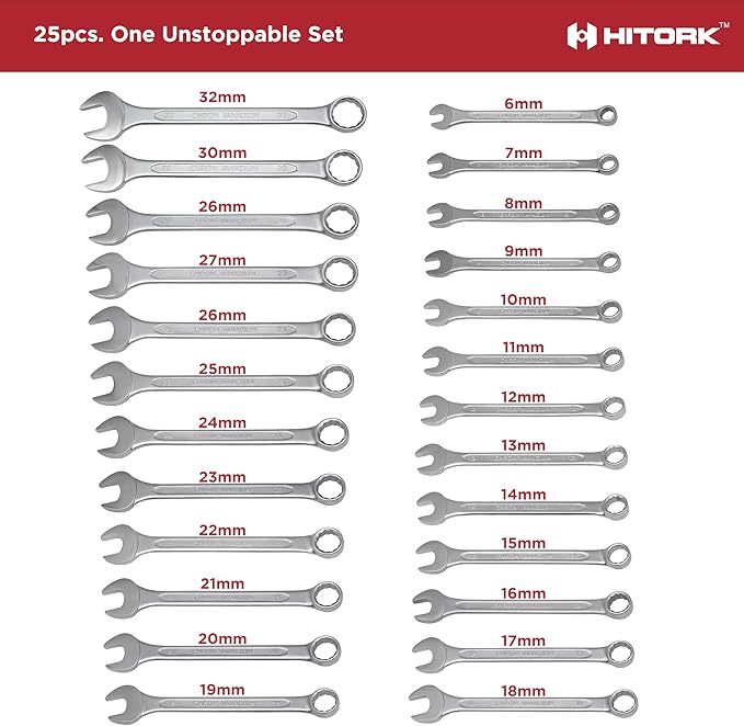 HITORK 25 Piece Metric Wrench Set (6-32 mm) CrV Steel Matt Finish with Polished Head 12 Point Box End 15째 Offset Roll Up Pouch Durable Combination Wrench Set for Home, Garage & Auto Repair