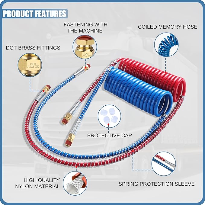 Semi Truck Air Brake Line Hose Coil Assembly Coiled Set Airline Kit Blue Red Pigtail Air Hose for Tractor Trailer,1/2" NPT DOT Fittings (15' Length x 40" Tractor Lead)