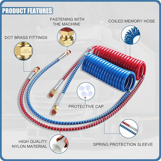 Semi Truck Air Brake Line Hose Coil Assembly Coiled Set Airline Kit Blue Red Pigtail Air Hose for Tractor Trailer,1/2" NPT DOT Fittings (15' Length x 40" Tractor Lead)