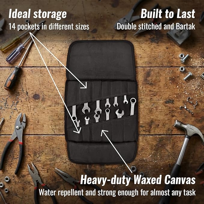 Under NY Sky Tool Roll Organizer, Heavy-Duty Wrench Bag, Portable Hand Tool Pouch for Mechanics, Electricians, and Hand Tools