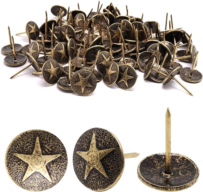 YuGtcen 100pcs Upholstery Tacks, Decorative Nails Thumb Tacks Round Metal Upholstery Nails for Wood Upholstery Pins Retro Furniture Tacks (16x20mm, Star Bronze)