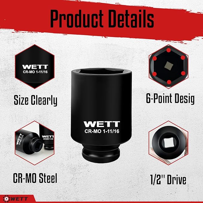 WETT 1/2" Drive Deep Large Impact Socket Set, 8-Piece Spindle Axle Nut Large Sockets Set, Standard SAE 6 Point Wheel Wrench Sockets, CR-MO Steel, (1-1/4-Inch-1-3/4-Inch)
