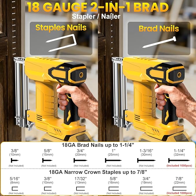 18 Gauge Cordless Brad Nailer for Dewalt 20V Battery (No Battery), 2-in-1 Battery Powered Nail Gun/Staple Gun with 2000 Nails for Wood Carpentry, DIY & Home Improvement