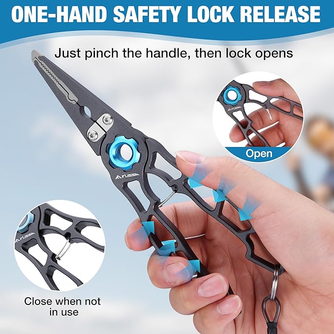 FLISSA 7.5 Inch Lightweight Fishing Pliers, Titanium 6Al-4V Jaw and Tungsten Carbide Line Cutters, Safety Lock Fish Pliers with Aluminum Handle, Sheath & Lanyard, Fishing Gear Gifts for Men