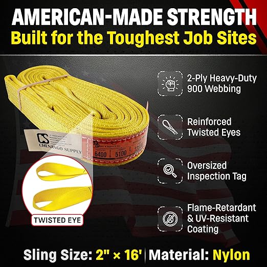 DD Sling (USA Made). 2" wide X (4' to 20' lengths) in Listing! 2 Ply Twisted Eye, Nylon Lifting Slings, Eye & Eye, Heavy Duty (900 webbing), 5.100 Choker, 12.800 Basket Load Capacity (2inX16ft)