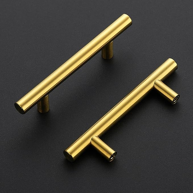 JOY DECOR 5 Pack 5 Inch Cabinet Pulls Kitchen Cabinet Handles with 3 Inch Hole Center Brushed Brass Cabinet Hardware Stainless Steel Kitchen Drawer Pulls for Cabinets Cupboard, 76mm Hole Centers