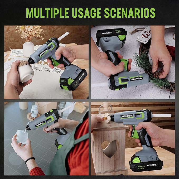 WORKPRO 20V Cordless Hot Melt Glue Gun Kit, 2.0 Ah Li-ion Battery Powered Rechargeable Full Size Hot Glue Gun, 45S Fast Preheating, Heavy Duty Wireless Glue Gun with 12 Pcs Glue Sticks for DIY & Craft