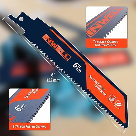 2PCS Tungsten Carbide Reciprocating Saw Blade, 8TPI Heavy-Duty Saw Blades for Thick Metal, Cast Iron, and Stainless Steel, Long-Lasting Blades for Demolition and Industrial Cutting (6 Inch)