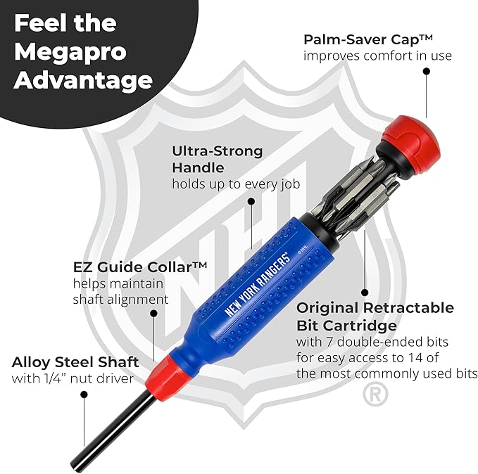 MEGAPRO짰 NHL짰 Team Edition Multi-bit Screwdriver | Officially Licensed NHL짰 Gear | Durable, Ergonomic, Pro-Grade Screwdriver (New York Rangers짰)