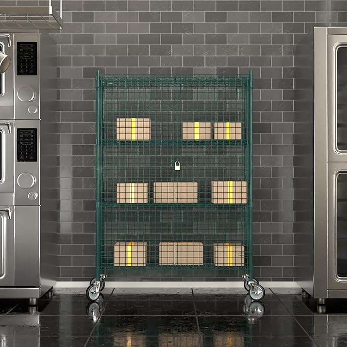 Commercial Grade NSF Listed Metal Wire Mesh Storage Green Epoxy Mobile Security Cage Kit, 18" x 48" x 70", Perfect for Warehouse, Walk-in Refrigerator, Freezer, Grocery Store, Restaurant, Dishroom
