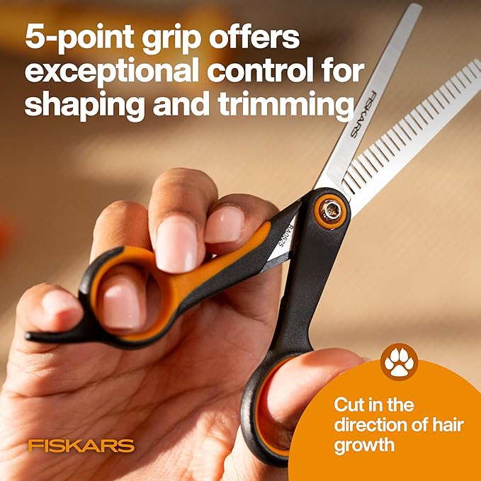 Fiskars Pet Scissors, Dog and Cat Grooming Scissors, Serrated Teeth for Thinning & SoftGrip Handle, Cat and Dog Supplies, 6.5?? Orange/Black, Blending Scissors