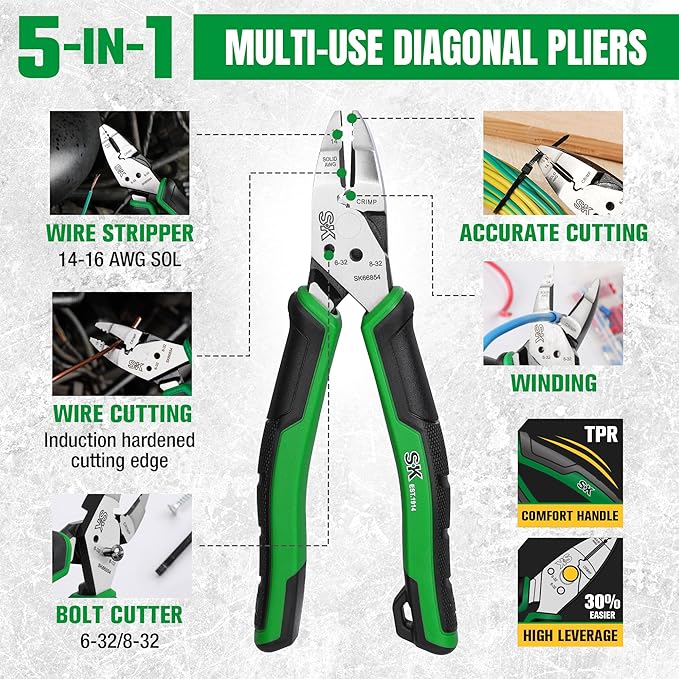 SK 3-Piece Pliers Set, 8-Inch Multi-use Noodle Nose Pliers, 7-Inch Multi-use Diagonal Pliers and 8-Inch Multi-use Linesman Pliers, CR-V Construction, Anti-slip Handle, with EVA Foam Tool Organizer