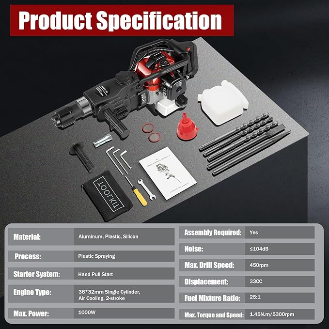 Gas Demolition Jack Hammer 33CC 2 Stroke Gasoline Concrete Breaker Punch Drill Breaker 4000BPM, Hammering Slotting Drilling Crushing 4 Functions, with 3 Drills & 2 Point Flat Chisels Set (33CC 1000W)