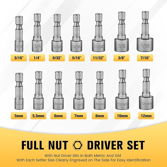 BOEN 14 Piece Power Nuts Driver Drill Bit Tools Set, 1/4 inch Driver Hex Metric & SAE Socket Wrench Screw for Power Tools