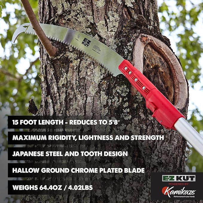 EZ Kut Kamikaze 15??Extendable Tree Trimmer Pole Saw - Branch Cutter with Single Hook Pole Saw Blade for Branch Removal - Best Pole Saws for Tree Trimming. Tree pruner pole saw since 1988
