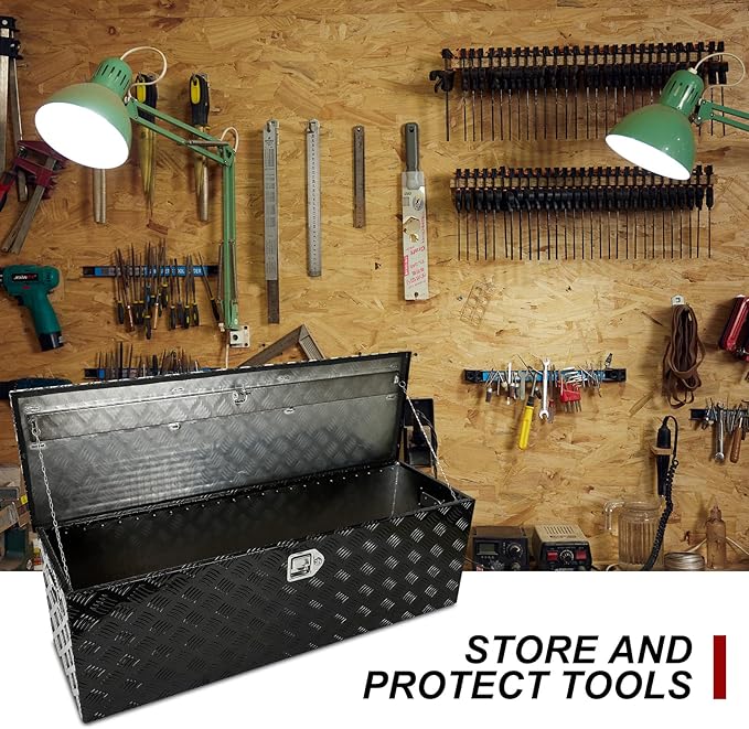 confote 49" Heavy Duty Aluminum Stripes Plated Tool Box Pick Up Truck Bed RV Trailer Toolbox Waterproof Square Storage Organizer with Side Handle, Lock with Keys -49"x 15"x 15"，Black