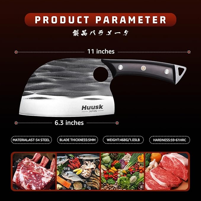 Huusk Upgraded Serbian Chef Knife - Forged Butcher Knife with Sheath, Japanese Meat Cleaver for Meat Cutting Heavy Duty Chopping Knives for Outdoor Cooking, Camping, Gifts for Men and Women