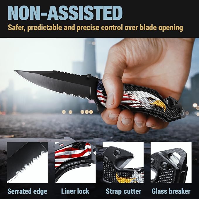 GOOD WORKER Legal Pocket Knife with 2.95??Serrated Blade, Glass Breaker, Seat Belt Cutter - EDC Sharp Folding Knives with Portable Clip - Small Tool for Tactical Camping Survival Hiking - Gifts for Men, Women