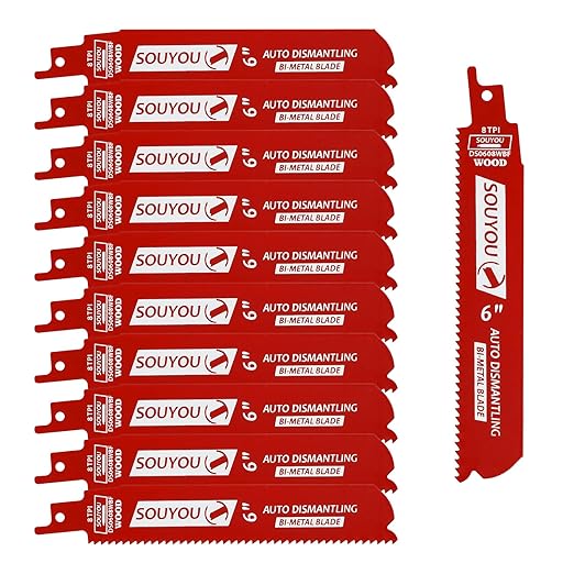 10 Pack 6 in 8 TPI Bi-Metal Reciprocating Saw Blades with Organizer Carbide Alloy Steel for Automobile Dismantling Metal Steel Cutting Non-Stick Coated for Less Heat for 1/16-5/16 Medium Metals