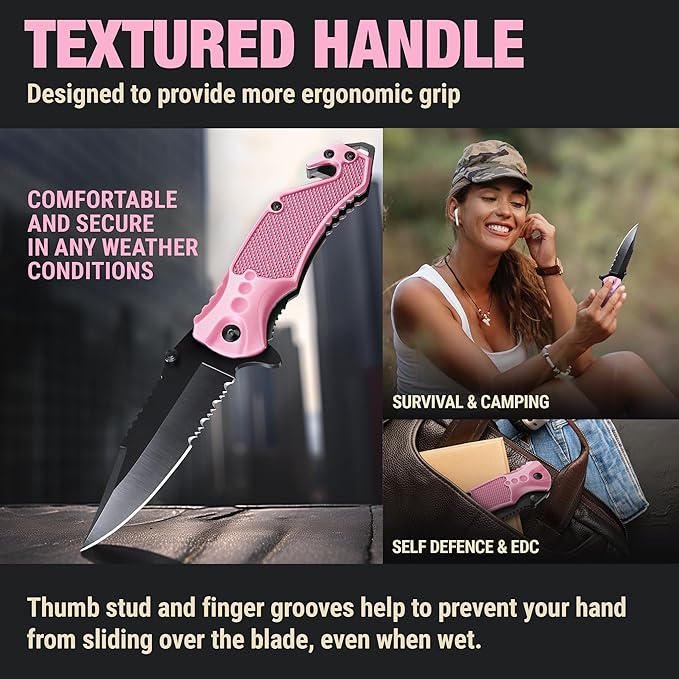 GOOD WORKER Legal Pocket Knife with 2.95??Serrated Blade, Glass Breaker, Seat Belt Cutter - EDC Sharp Folding Knives with Portable Clip - Small Tool for Tactical Camping Survival Hiking - Gifts for Men, Women