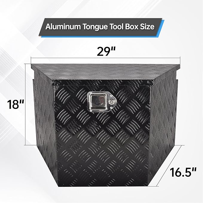 29'' Aluminum Utility Trailer Tongue Tool Box Utility Trailer Tongue Tool Box 5 Bar Tread RV Storage Organizer Trailer Storage Tool Box with Lock & Keys,Black (29''x16.5''x18'')