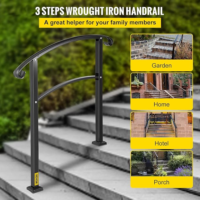 VEVOR Outdoor Steps Handrail, Black Arch#1, Adjustable Metal Staircase Railing, Thickened Porch & Deck Railing