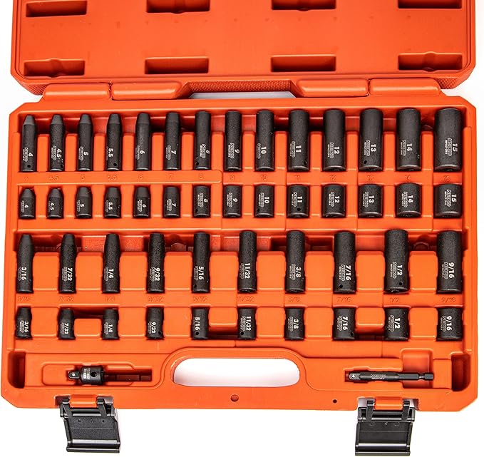 NEIKO 02436A 1/4 Drive Impact Socket Set 50 Piece Metric & Standard, Deep & Shallow Chrome Vanadium Steel 3/8??to 1/4??Reducer Hex Shank Adapter, 1/4 Socket Set Metric and Standard, Deep Socket Set
