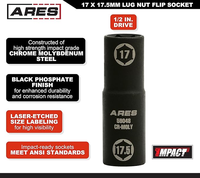 ARES 59048-1/2-inch Drive 17 x 17.5mm Half Size Lug Nut Flip Socket - Impact Grade Chrome-Moly Steel ??Remove Warped, Damaged, and Bloated Chrome Capped Lug Nuts