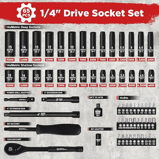 1/4" Ratchet Wrench Socket Set 65 Piece, Metric Shallow Socket (4-15mm) and Deep (4-15mm), with 72-Teeth Ratchet, Screwdriver Bit Set, Small Tool Kit for Home Use and Automotive Repair
