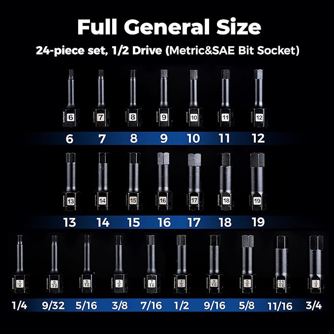 toolant 1/2" drive impact hex bit socket set 24PCS,Hex Drive, SAE/Metric, 1/4"-3/4",6mm-19mm, S2 Steel Air Drive Allen Socket set,Impact Grade竊똀nti-Roll Design