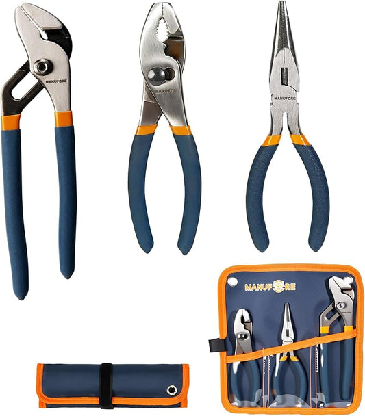 MANUFORE 3-Piece Pliers Set, 6 Inch Long Nose,6 Inch Slip Joint, 8 Inch Water Pump Pliers, Multi-Purpose Hand Tools for DIY and Home Use