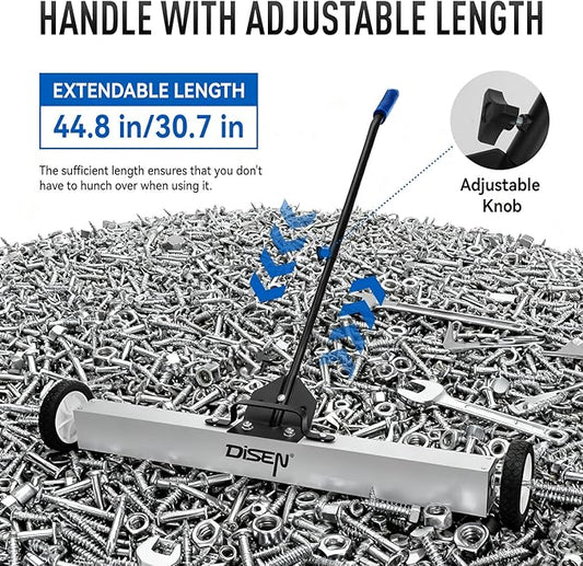DISEN 36-Inch Rolling Magnetic Sweeper with Wheels 40-Inch Telescoping Adjustable Handle 55-Pound Capacity with 3 Pack Telescoping Magnet Pick-up Tool Set Heavy-Duty Magnet to Pick Up Nails