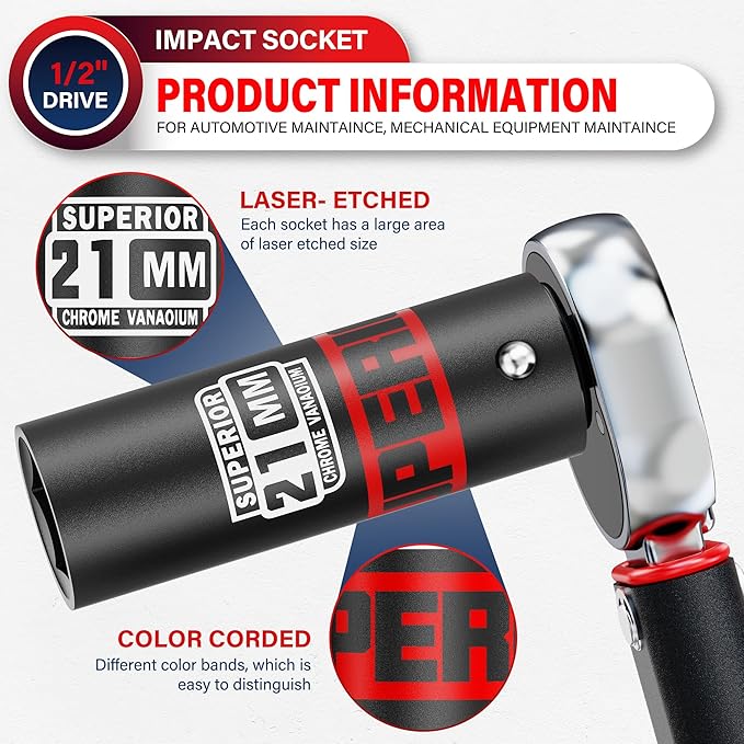 1/2" Drive Impact Socket, 21 mm Deep Socket, Metric, 6 Point, CR-V, for Automotive Maintaince, Mechanical Equipment Maintaince
