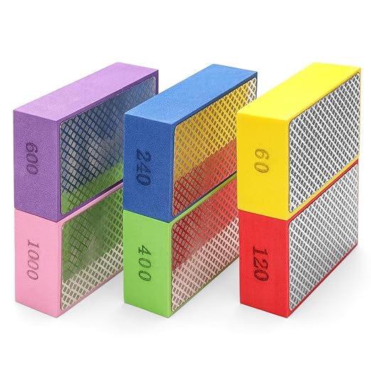 6PCS Diamond Hand Polishing Pads, Wet & Dry Diamond Sanding Pads 60#, 120#, 240#, 400#, 600#, 1000# Grit Sanding Block for Ceramic Tile Glass Wood Marble Grinding