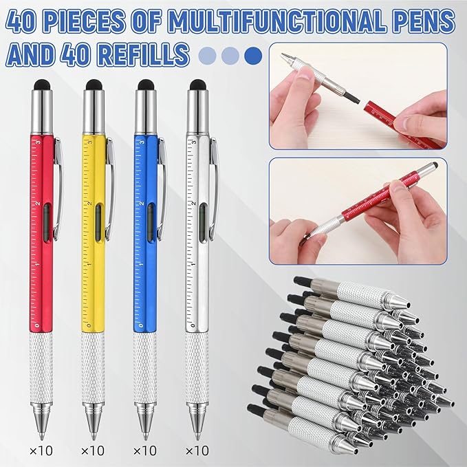 Yeaqee 40 Pcs Stocking Stuffers Bulk for Men 6 in 1 Screwdriver Multi Tool Pens with Refills Ruler Level Gauge for Party Favor Father's Christmas White Elephant Gifts (Classic Color)