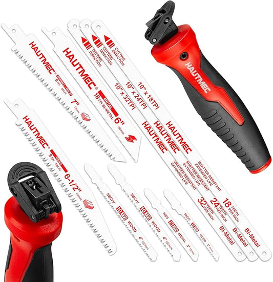 HAUTMEC 10-In-1 Multi Blades Hand Saw with Quick-Release Change Mechanism and Pro HSS/Cr-V/Bi-Metal Blades, Compact Hacksaw, Jab Saw, Versatile Handsaw for Wood, Metal, Plastic, Drywall – HTHSH25032