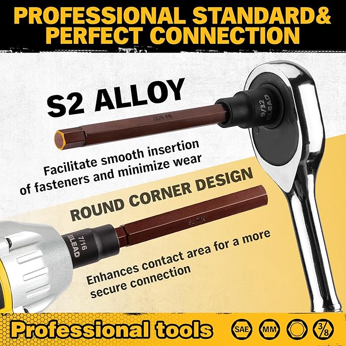 ELEAD 20-Piece 3/8 Inch Drive Extra-Long Allen Hex Bit Socket Set: S2 Steel, Standard SAE & Metric (1/8-Inch - 7/16-Inch, 3-12mm) for Impact Drills and Ratchet Wrenches