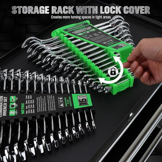 SWANLAKE GARDEN TOOLS 30-Piece Combination Wrench Set, Metric & SAE (8-22mm & 1/4??to 1-1/16??,12-Point Open End Standard Wrench Set, Mechanics Wrenches Sets, Chrome Vanadium Steel with Storage Rack