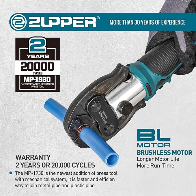 ZUPPER Mini Press Tool kit with 3 PEX Crimp Dies F1807 1/2", 3/4", 1", Brushless Motor, 2pcs Battery, Fast Charger & Carrying Case