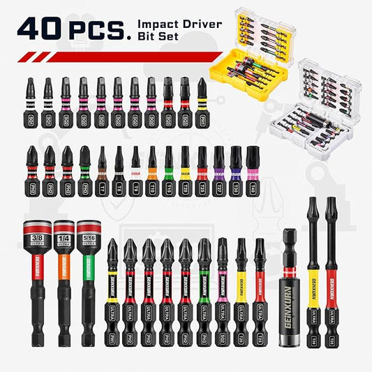 40Pieces Impact Screwdriver Bits Set, Magnetic S2 Steel Phillips/Square/Torx Insert Power Bits Tips,Impact Bit Holder and Nut Driver with Storage Box Case