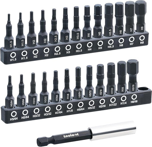 toolant 26 Pcs Hex Head Allen Wrench Drill Bit Set,1/4Hex Shank Quick Change Bit Holder,Metric and SAE Durable Allen Key Drill Bits with Strong Magnetic,1” Long with Storage Box