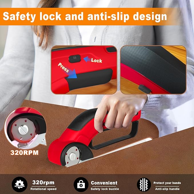 Cordless Electric Scissors Rechargeable with 2-Blade & Storage Bag, Powerful Rotary Cardboard Box Cutter 3.7V 2000mAh for Cloth Carpet Plastic Leather, Charging Cable(Red)