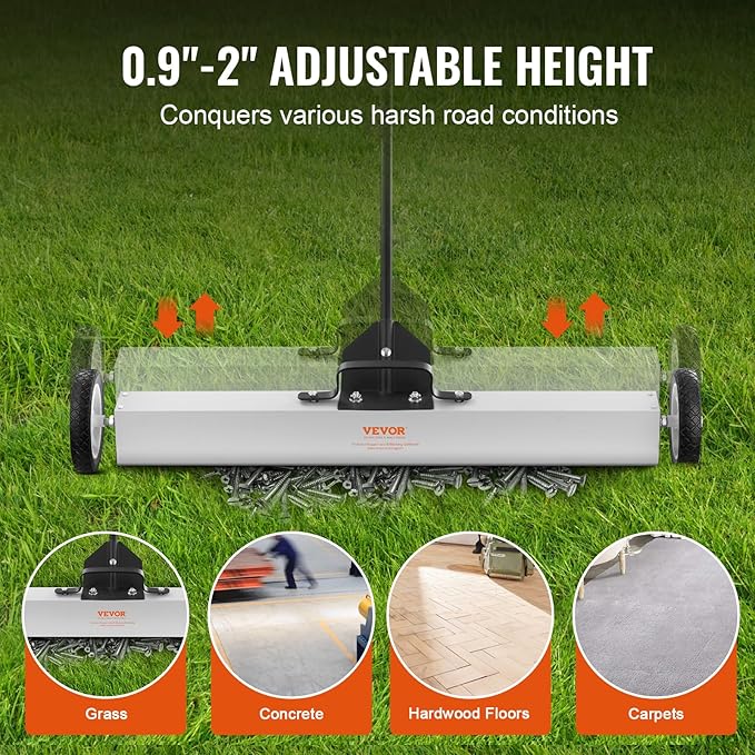 VEVOR 55Lbs Rolling Magnetic Sweeper with Wheels, 36-inch Large Magnet Pickup Lawn Sweeper with Telescoping Handle, Push-Type Magnetic Pick Up Sweeper, Easy Cleanup of Workshop Yard Garage