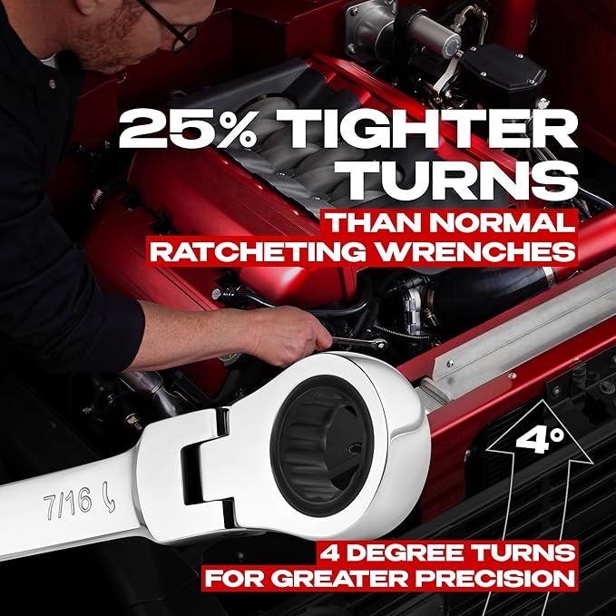 Jaeger 7/16 Inch Flex Head TIGHTSPOT Ratchet Wrench, 4 Degree Swing arc, 12-Point Ratchet Combination Wrench, 90-Tooth