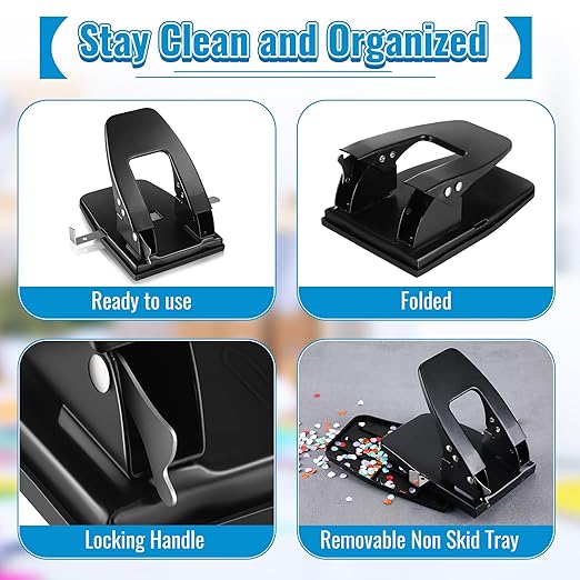 Dreyoo 2 Hole Punch with 100 Prong Paper Fasteners, Heavy Duty Two Hole Paper Puncher for File Folder and Metal File Fasteners Combo Set, 30 Sheet Capacity, Padded Handle(Compressor)