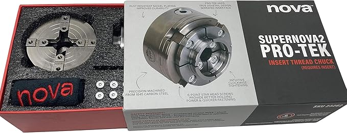 Nova 23262 Premier Pro-Tek Supernova 2 Wood Lathe Chuck Kit with Pro-Tek 2" Jaw Set, Woodworm Screw, & accessories, bundled with Nova ILNS 1-1/4" x 8tpi Insert